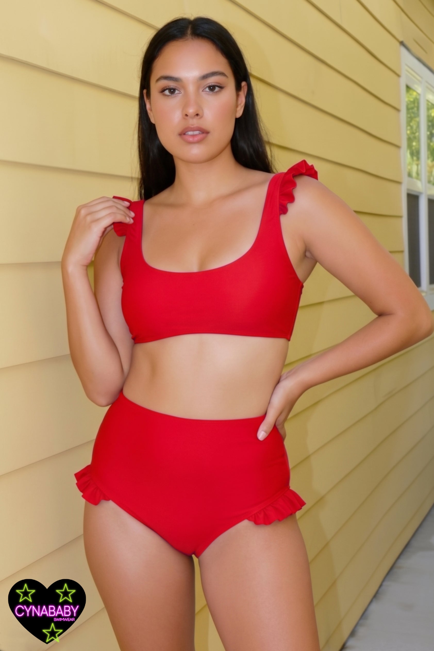 Frill High Waist Swimsuit Set - Poppy Red