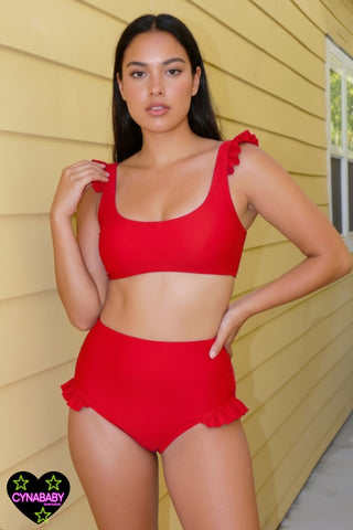 Frill High Waist Swimsuit Set - Poppy Red