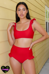 Frill High Waist Swimsuit Set - Poppy Red