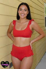Frill High Waist Swimsuit Set - Poppy Red