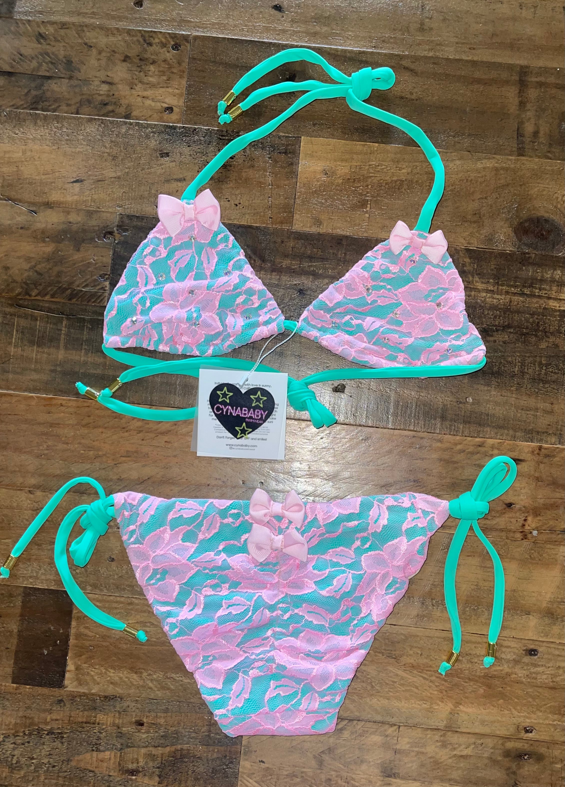 Lacy Bow Lace Swimwear - Seafoam Mint Green Pink Lace Bikini