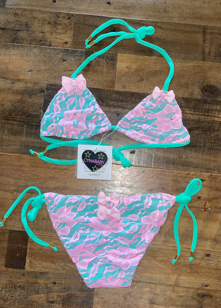 Lacy Bow Lace Swimwear - Seafoam Mint Green Pink Lace Bikini –