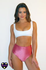 High Waist Scoop Neck Back Bow Swimsuit Set - White Ribbed Raspberry