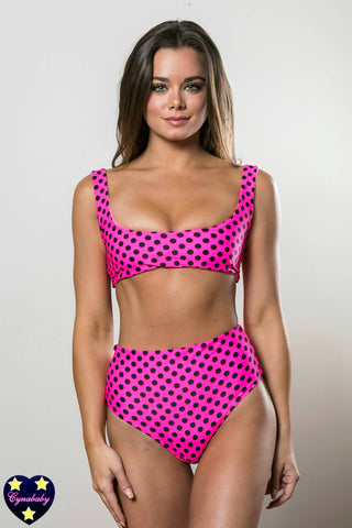 High Waist Scoop Neck Swimsuit - Neon Pink Polka Dot Cheeky Set