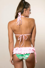 Strappy Ruffled Booty Bikini - Green Pink Palm Leaf Print Swimsuit Set