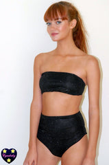 Sparkly Bandeau High Waist Swimsuit Set with Back Bow - Black Glitter