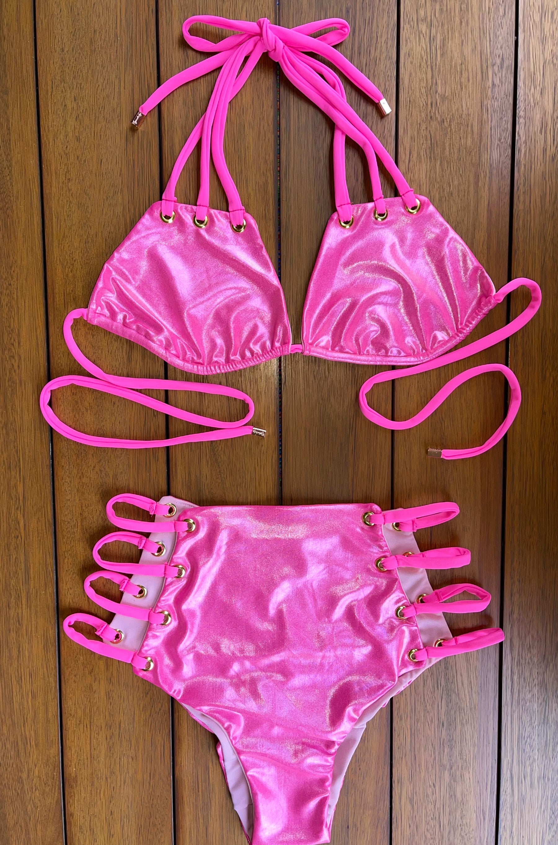 Wholesale Metallic Pink Combo Sport Bra & High Waist Bikini