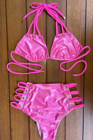 High Waist Festival Strappy Swimsuit - Sparkle Glitter Barbie Pink