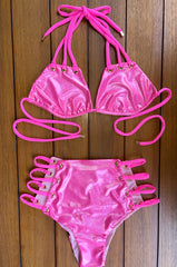 High Waist Festival Strappy Swimsuit - Sparkle Glitter Barbie Pink