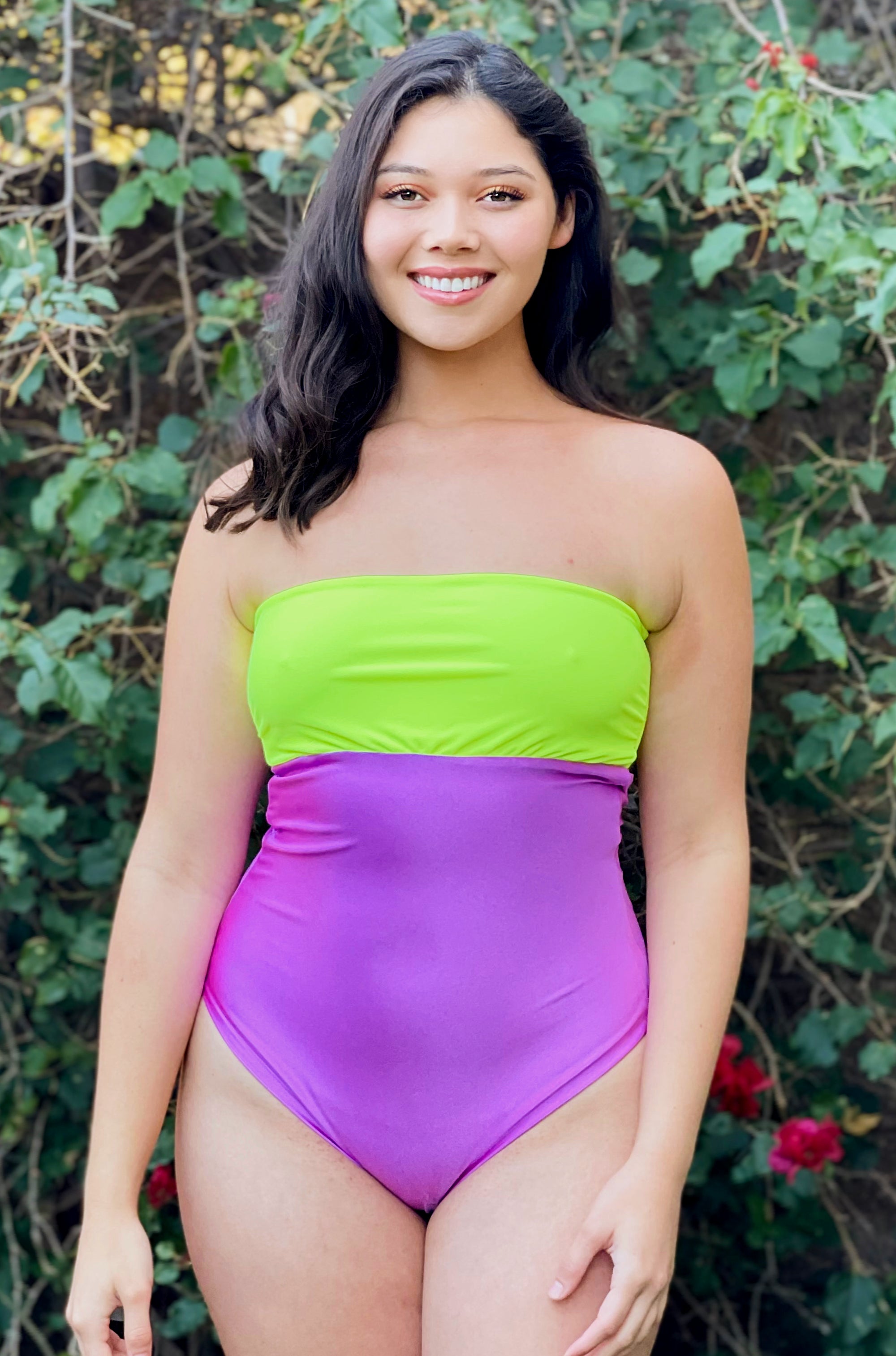 Bandeau Strapless One Piece Swimsuit - Magenta Neon Yellow