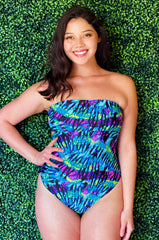 Bandeau Strapless One Piece Swimsuit - black tie dye neon