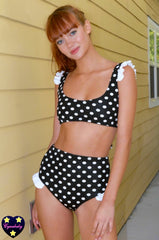 Frill High Waist Swimsuit Set - Black Polka Dot