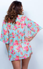 Hand-Made Floral Chiffon Cover up - Aqua Pink Kimono Tunic